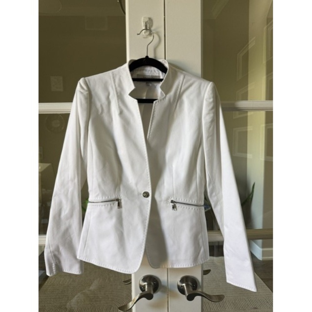 Tahari Arthur S. Levine White Stand Collar Zip Pocket Blazer